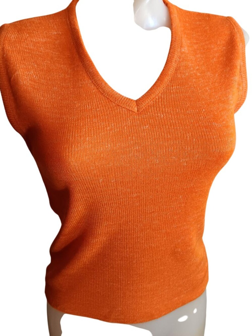 True Vintage Joseph Magnin Top Small 1970's Orange Sleeveless Knit V-Neck